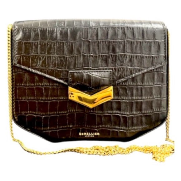 Demellier The Mini London Black Crocodile Embossed Crossbody
